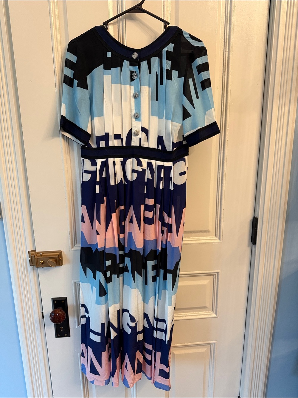 CHANEL silk navy, blue, and pinky Striped logo pleated dress with buttons